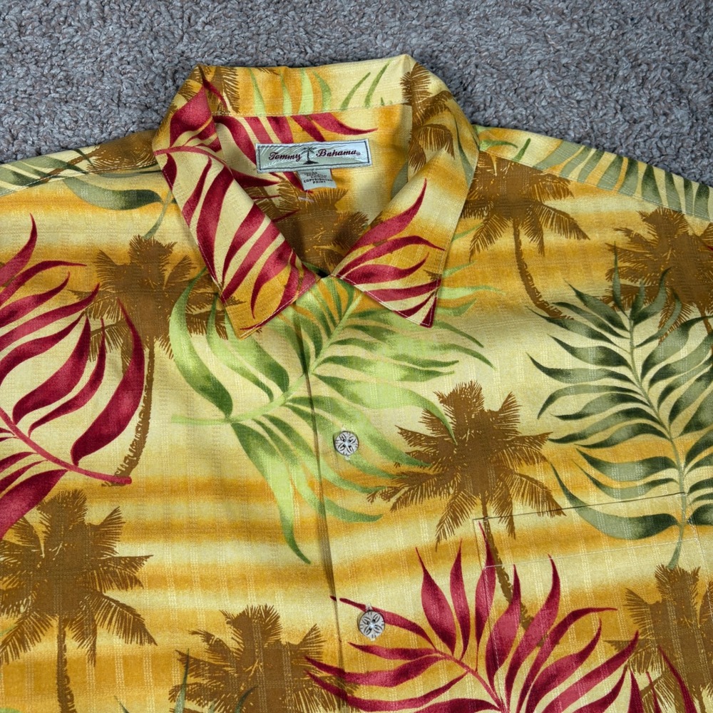 Tommy Bahama Mens M 100% Silk Tropical Palm Leaf Button Down Shirt Yellow Orange